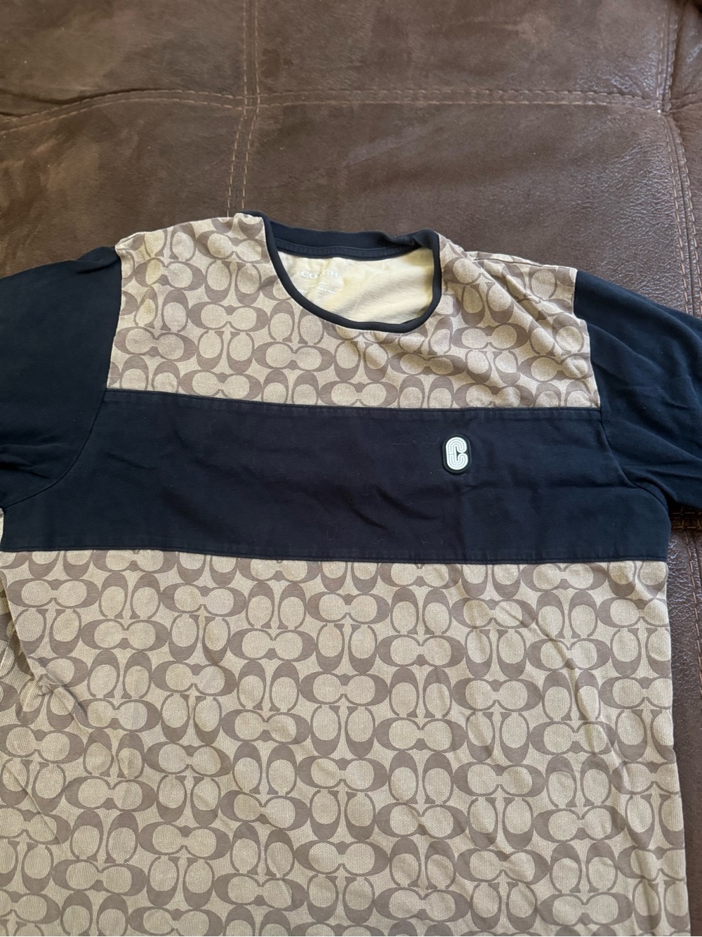 Coach Men’s Black and Khaki Signature Stripe T-Shirt